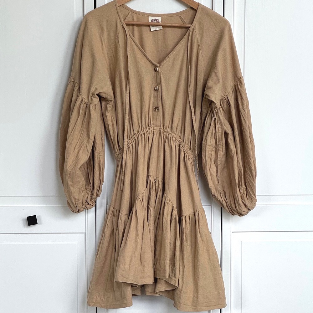 ELF Made by Hand Brown Peasant Renaissance Smocked Whimsy Dress Med 100% Linen